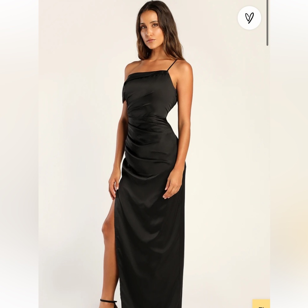 Lulu’s Black Satin Asymmetrical Off-the-Shoulder Dress